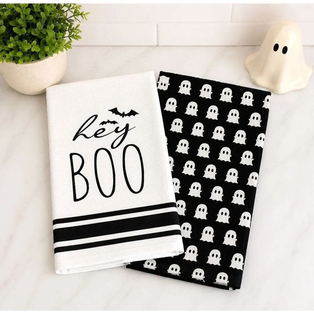 Halloween Ghost Kitchen Towels Black White Microfiber Spooky Decor 2 Piece NEW